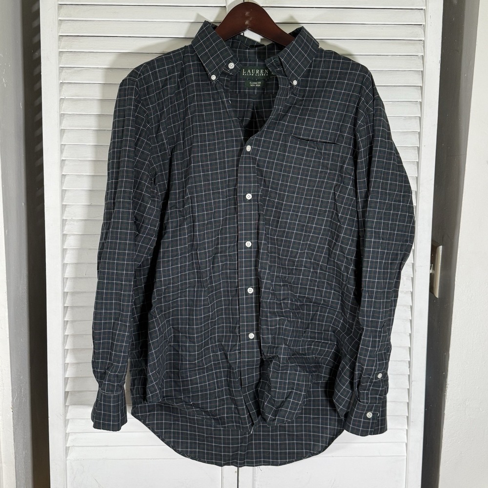 Lauren Ralph Lauren Shirt Mens L 16.5 Green Plaid Long Sleeve